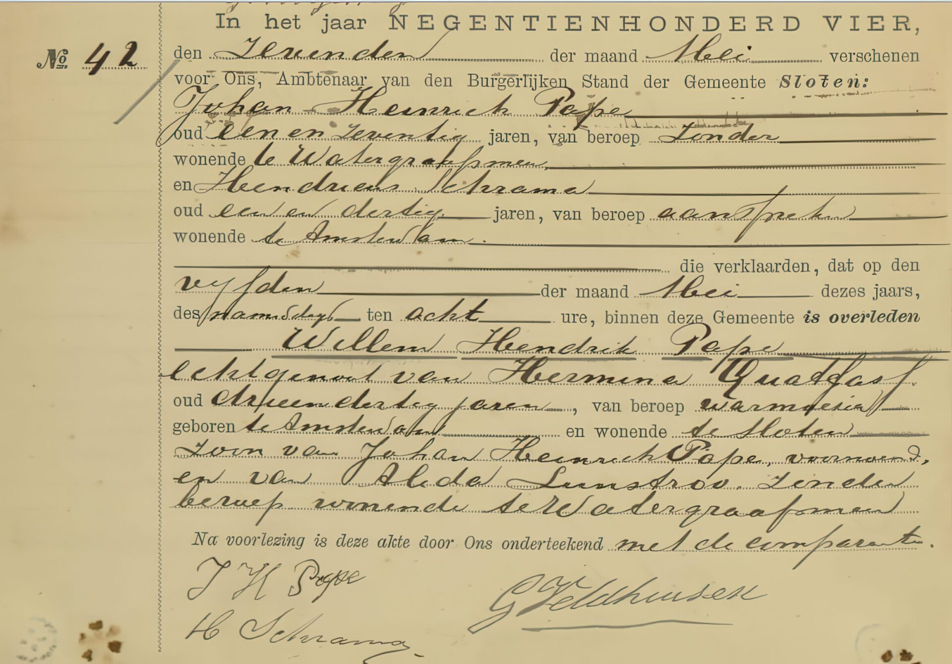 Overlijden W H Pape 1904